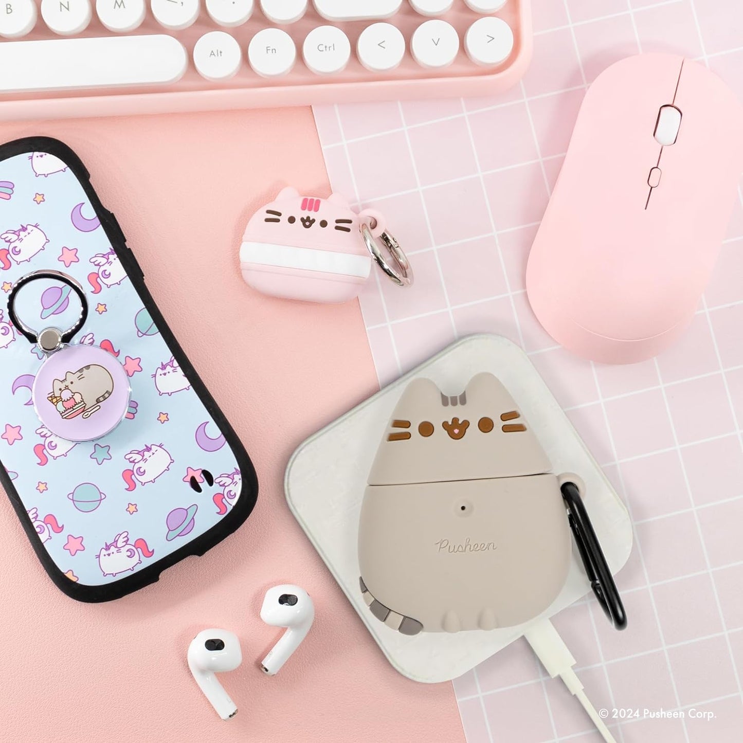 X Pusheen Cute Silicone Protective Cover Designed for Airpods 1/2 Case [Carabiner Clip Included] [Wireless Charging Compatible] - Standing