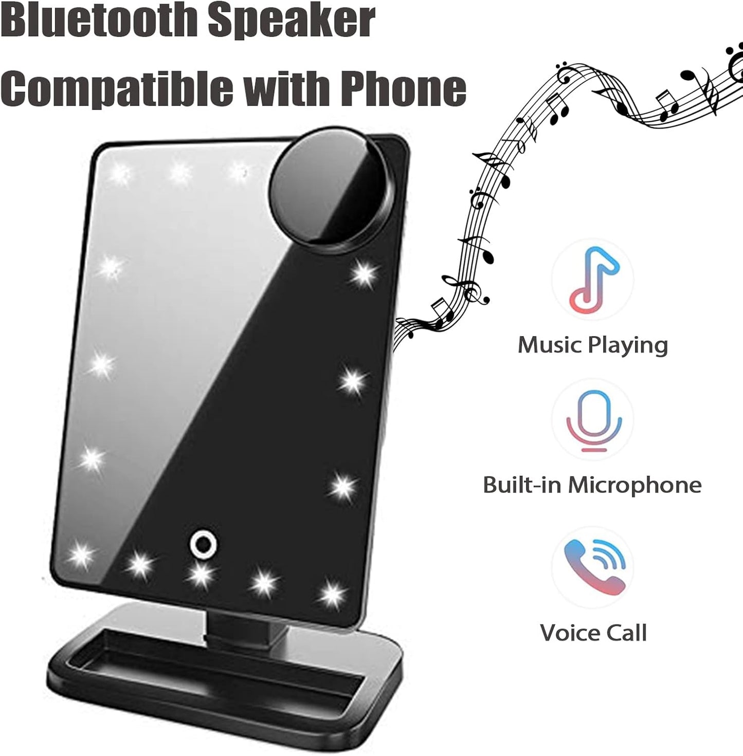 Vanity Makeup Mirror with Lights Bluetooth, Lighted Mirror with 20 Leds, Touch Screen Wireless Audio Speaker, Detachable 10X Magnification, Rechargeable Power