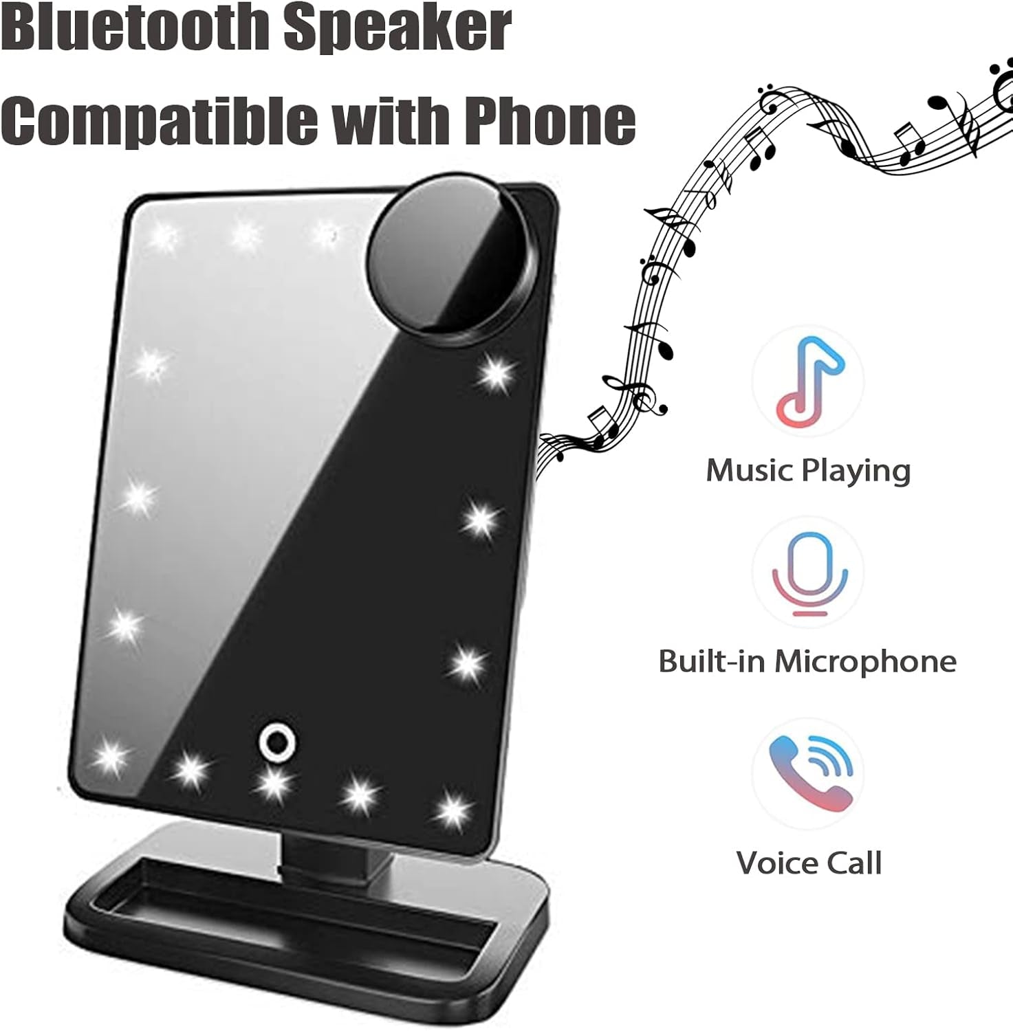 Vanity Makeup Mirror with Lights Bluetooth, Lighted Mirror with 20 Leds, Touch Screen Wireless Audio Speaker, Detachable 10X Magnification, Rechargeable Power