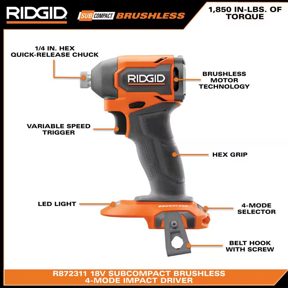 Power Up Your Projects with the 18V Subcompact Brushless Cordless Impact Driver Kit - Complete with 2.0 Ah Battery, Charger, and Tool Bag!