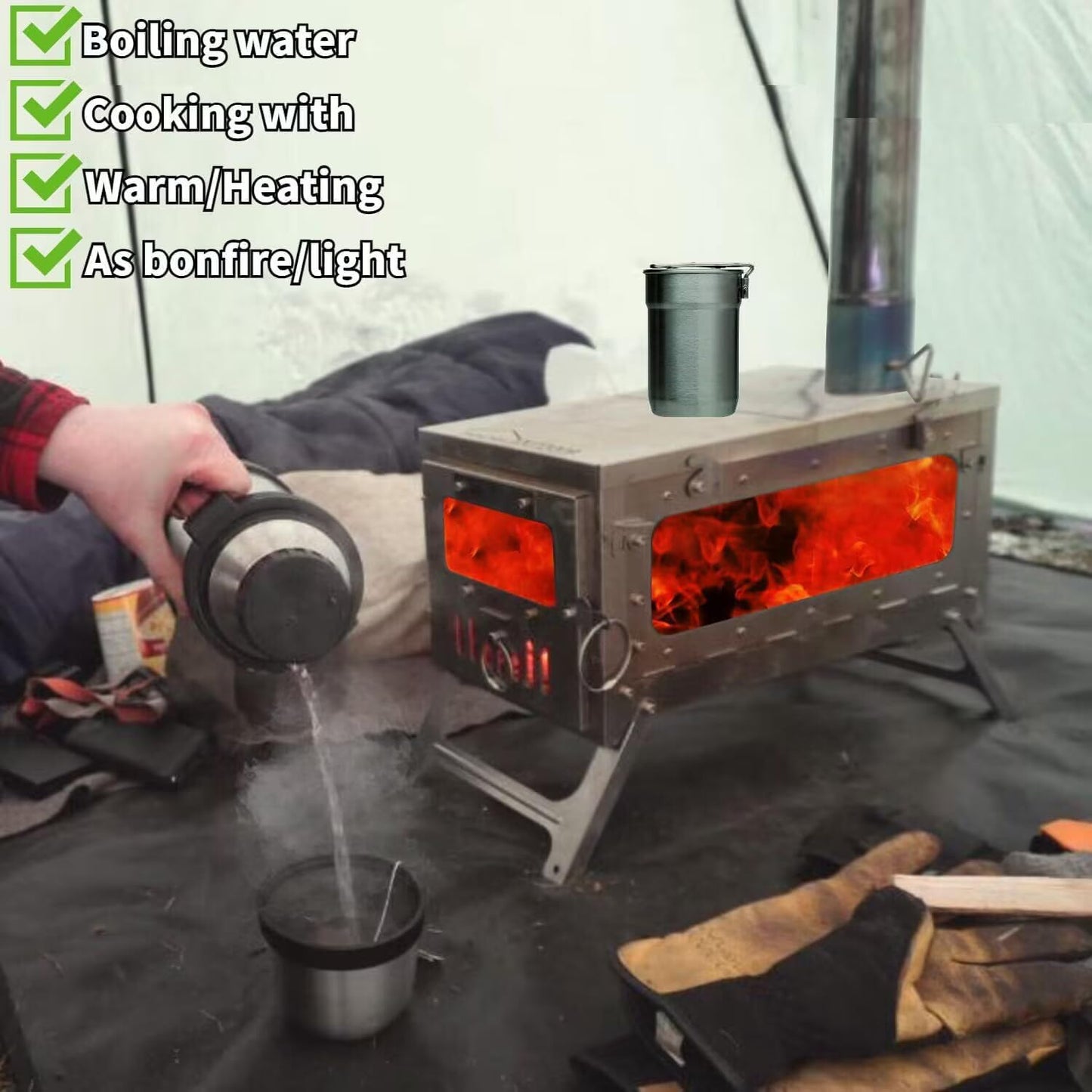 TSG Folding 100% Titanium Hot Tent Stove TA1 with Side Glass, 7.2Ft Chimney, 6.63Lb
