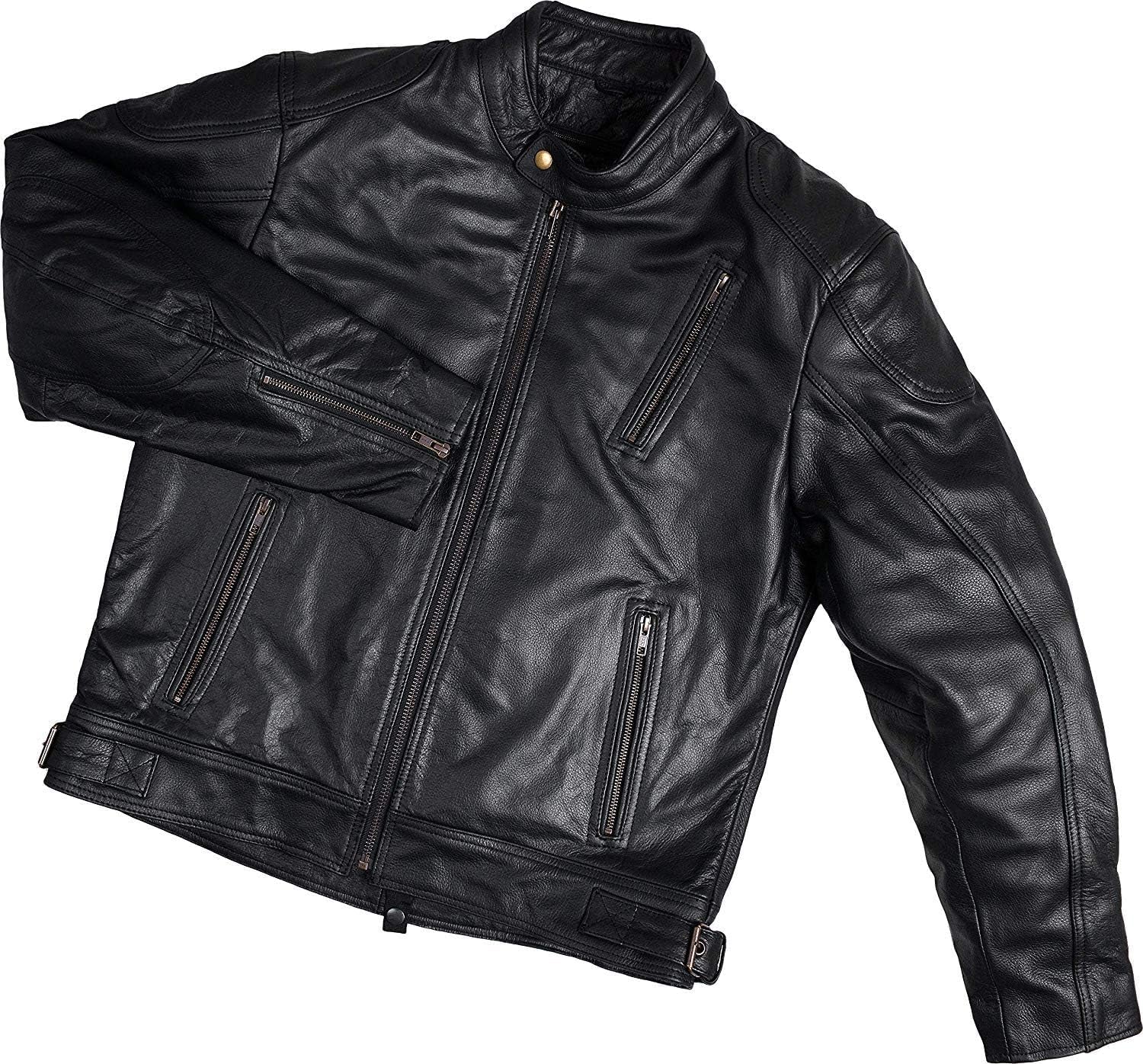 Leather Motorcycle Jacket with Armor for Men, Cafe Racer Genuine Leather Jacket for Weather Resistant Enduro Motocross, Motorbike Riding, Easy Adjust Men'S Motorcycle Jacket, Medium