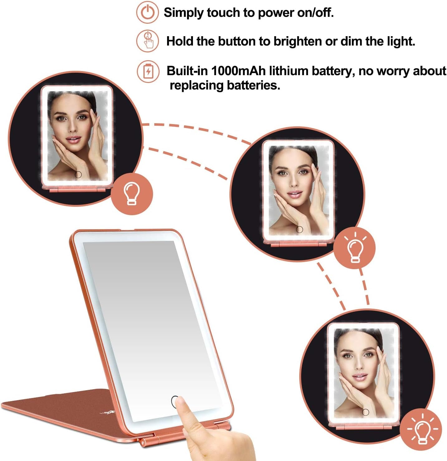 LED Makeup Mirror for Travel, 32 Leds Lighted Vanity Mirrors with Dimmable Light,Compact, Slim, Rechargeable Lighted Mirror, Folding Makeup Mirror for Beauty