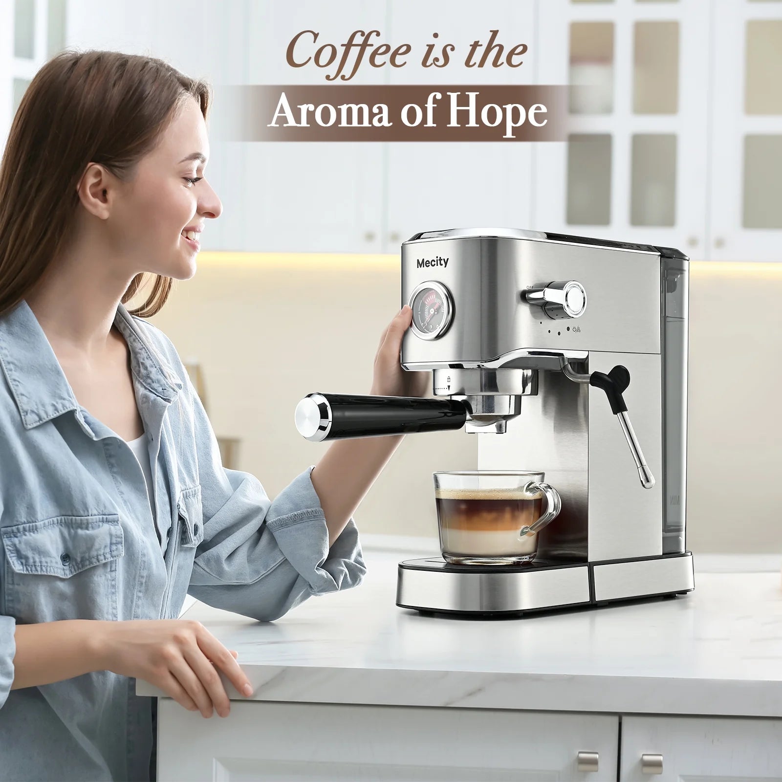 20 Bar Espresso Machine with Milk Frother, Brushed Stainless Steel Shell, 37 Fl.Oz Water Reservoir, Coffee Maker for Espresso, Latte, Mocha, Americano. 120V, 1350W