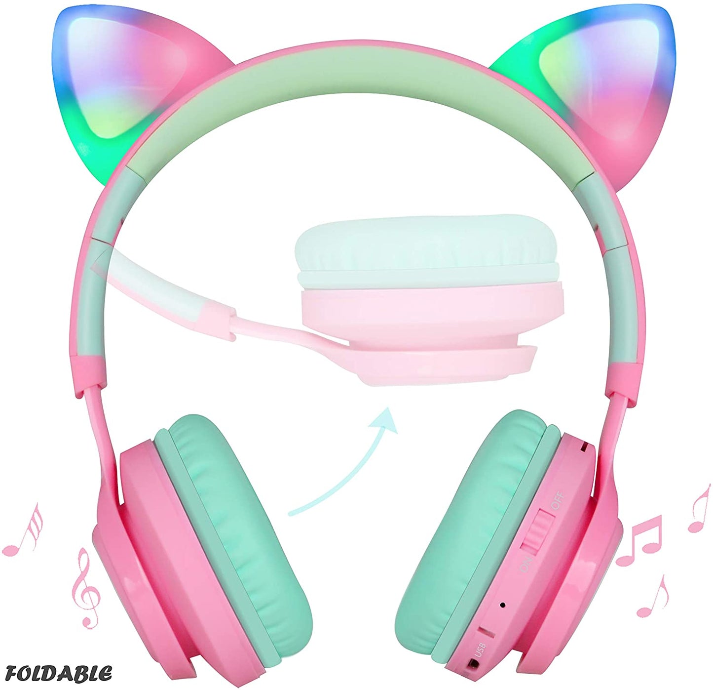 CT-7 Cat Ear Bluetooth Headphones - Fun LED Light-Up Wireless Over-Ear Headphones with Microphone and Volume Control for Kids, Perfect for Travel, School, and Gaming