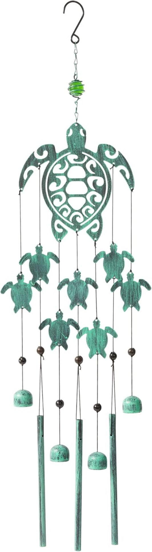 Enchanting 31" Rustic Sea Green Tribal Turtles Wind Chimes - Unique Outdoor Decor for Gardens, Perfect Gift for Women and Moms