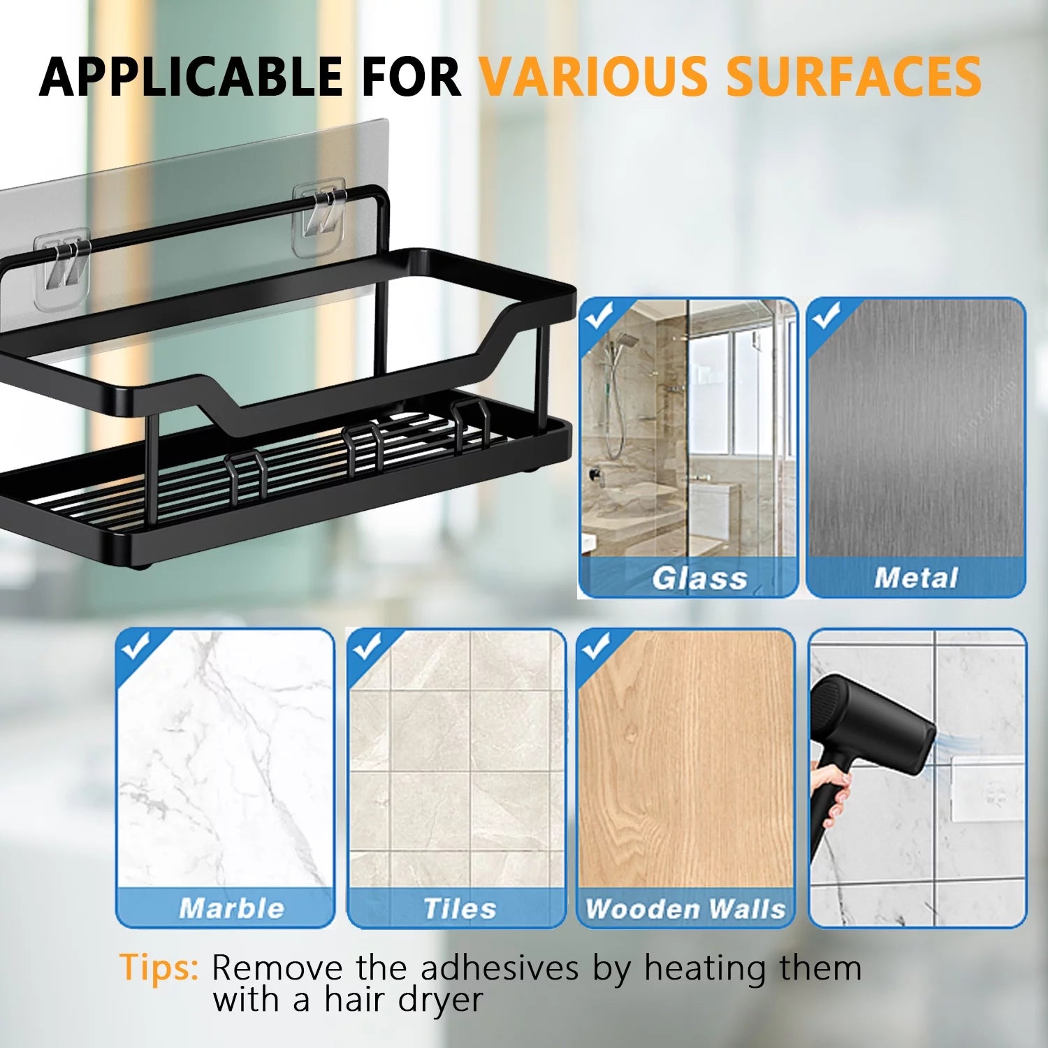 Shower Caddy Bathroom Organizer, 5 PCS Self-Adhesive Bathroom Shower Caddy Basket with Soap & Toothbrush Holder, No Drilling Wall Mounted Rustproof Stainless Steel Shower Shelf Black