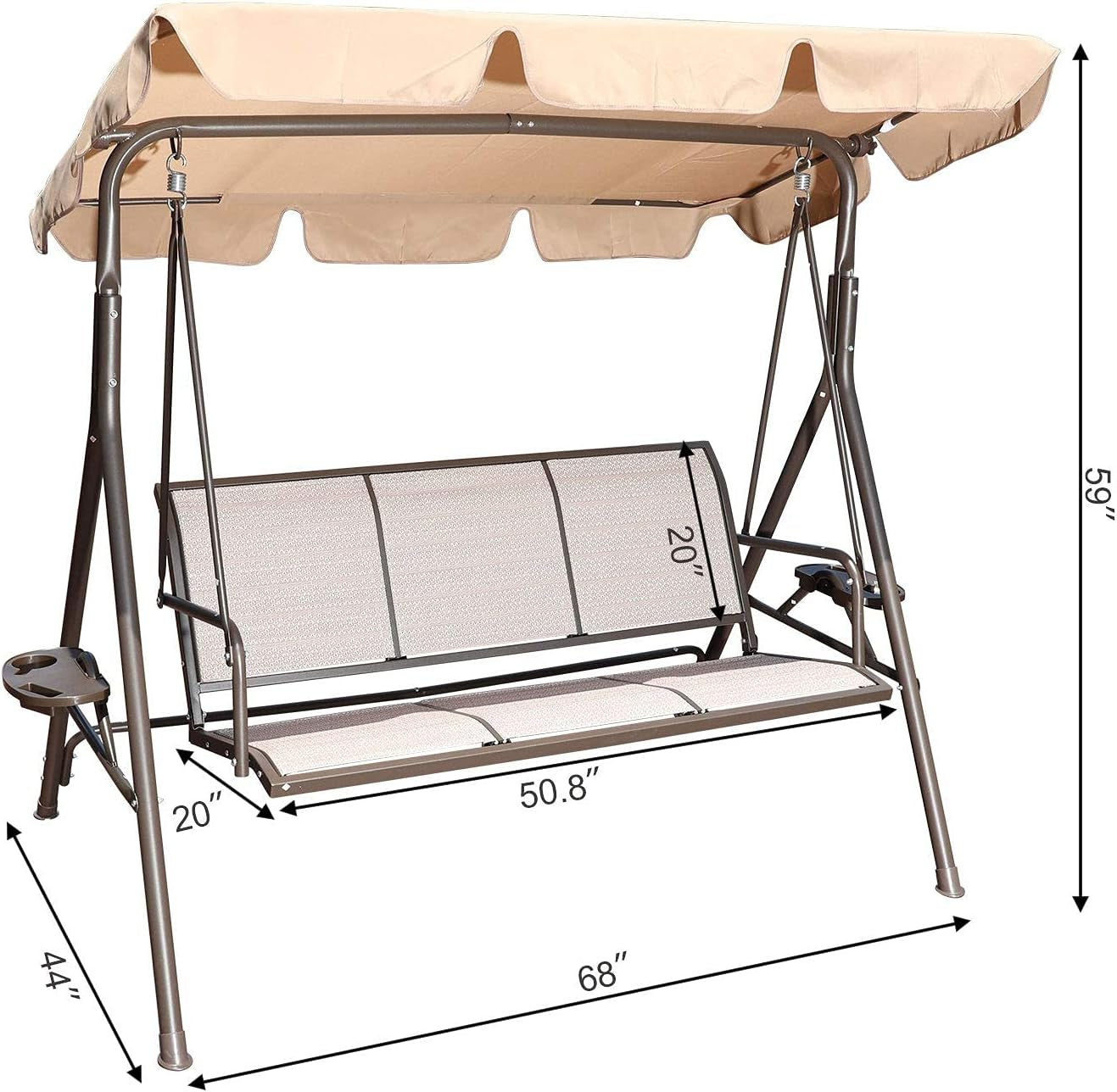 3 Person Outdoor Weather Resistant Patio Glider Swing Hammock Chair W/ Utility Tray & Sunshade Canopy for Patio, Garden, Deck, or Pool, Taupe