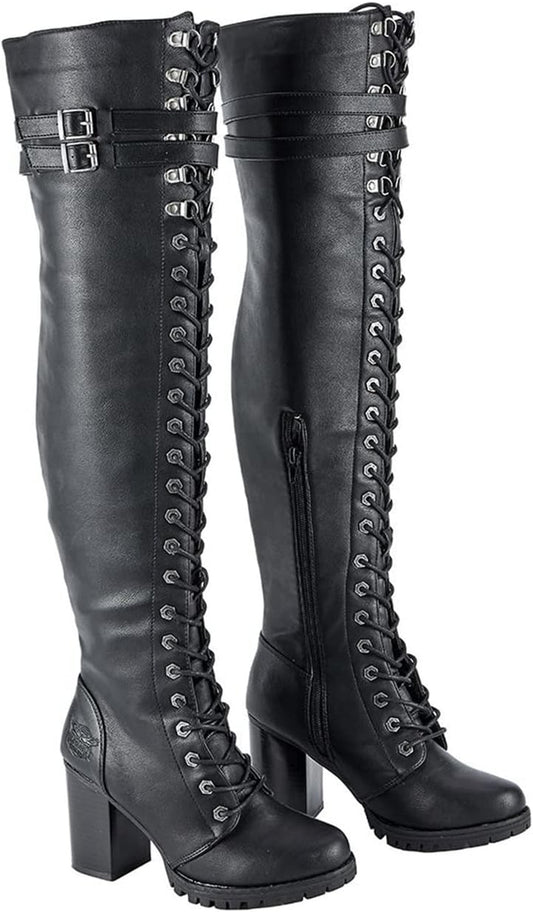 Ladies Knee High Laced Boots Sexy over the Knee Boots for Women Black Motorcycle Leather Boots with Calf Buckle