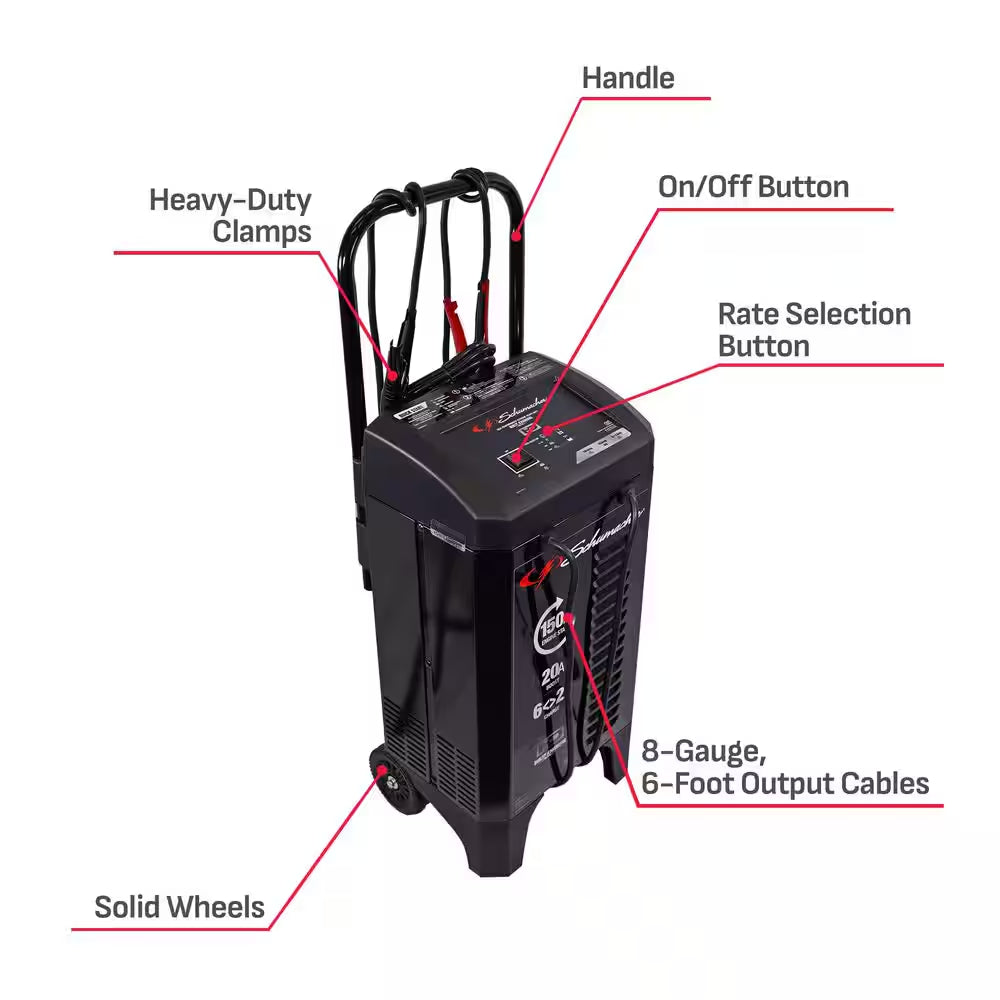 Power Up Your Ride with the Ultimate Wheeled 150A Car Battery Charger and Engine Starter - Fast 20A Boost for All Your Automotive and Marine Needs