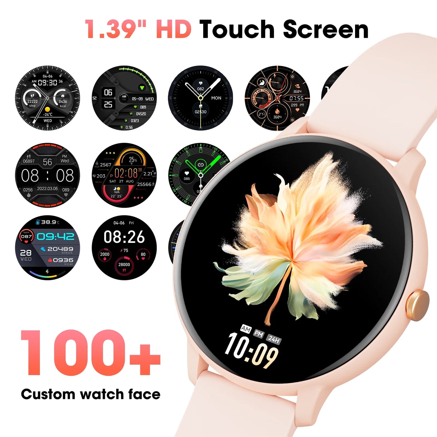 Smart Watch with Touch Screen, Smart Watch for Women with Voice Assistant and Message Reminder, Multi-Sport Mode and IP67 Waterproof (Pink)