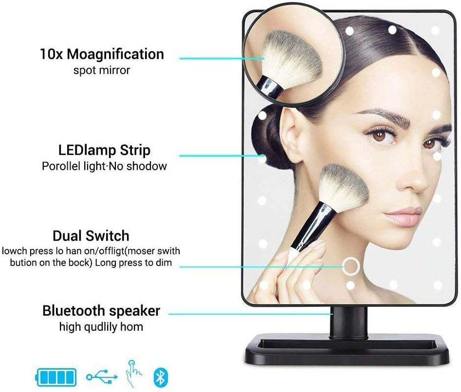 Vanity Makeup Mirror with Lights Bluetooth, Lighted Mirror with 20 Leds, Touch Screen Wireless Audio Speaker, Detachable 10X Magnification, Rechargeable Power
