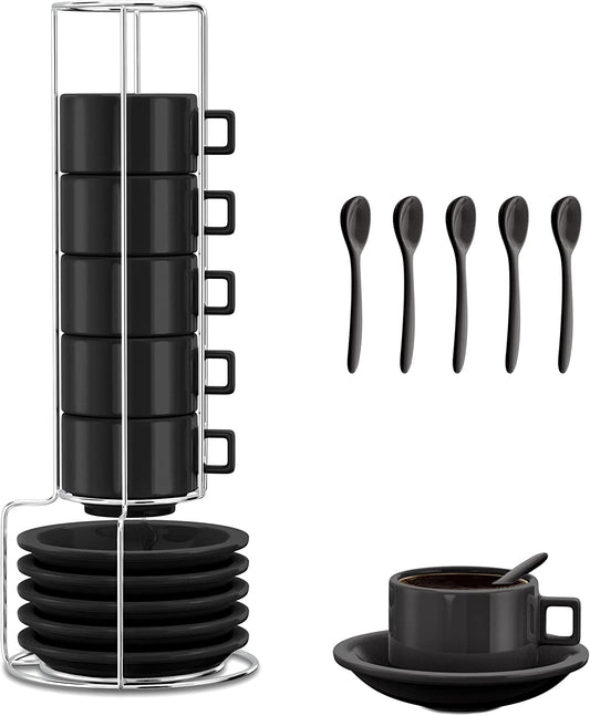 Espresso Cups and Saucers with Spoons, Black, Stackable Demitasse with Metal Stand, 19 Pieces, 2.5 Ounce, Porcelain, Tea Kit, Teacups, Turkish Coffee Mug, Organizer Rack