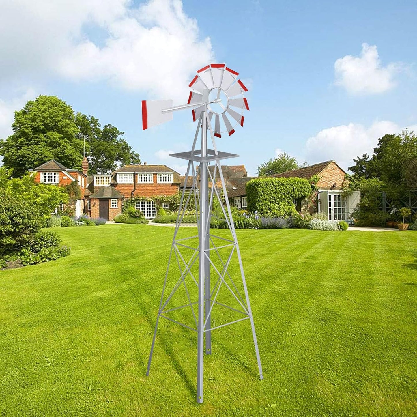 8FT Ornamental Windmill Backyard Garden Decoration Weather Vane, Heavy Duty Metal Wind Mill Weather Resistant 4 Legs Design (Grey)