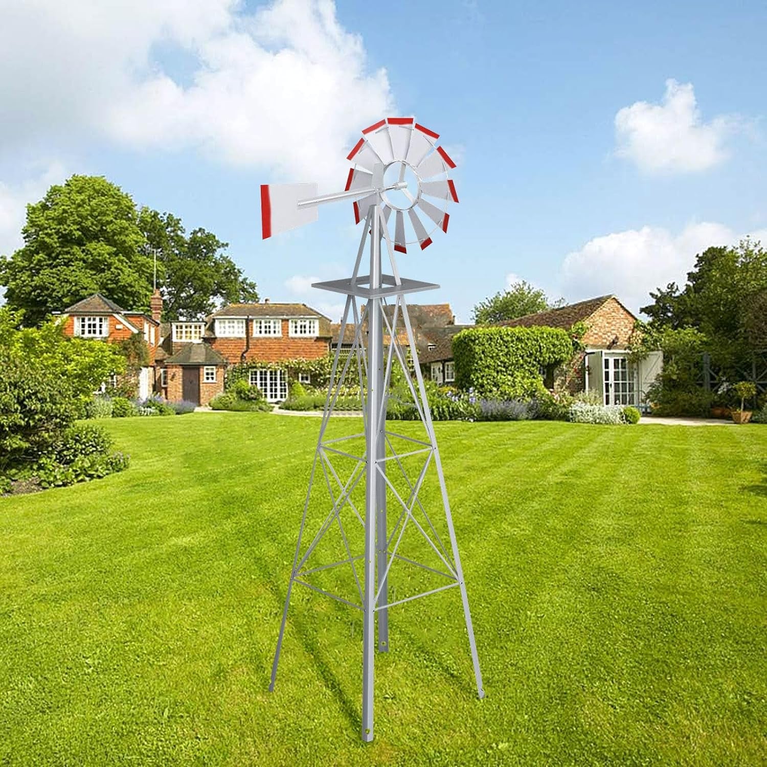 8FT Ornamental Windmill Backyard Garden Decoration Weather Vane, Heavy Duty Metal Wind Mill Weather Resistant 4 Legs Design (Grey)