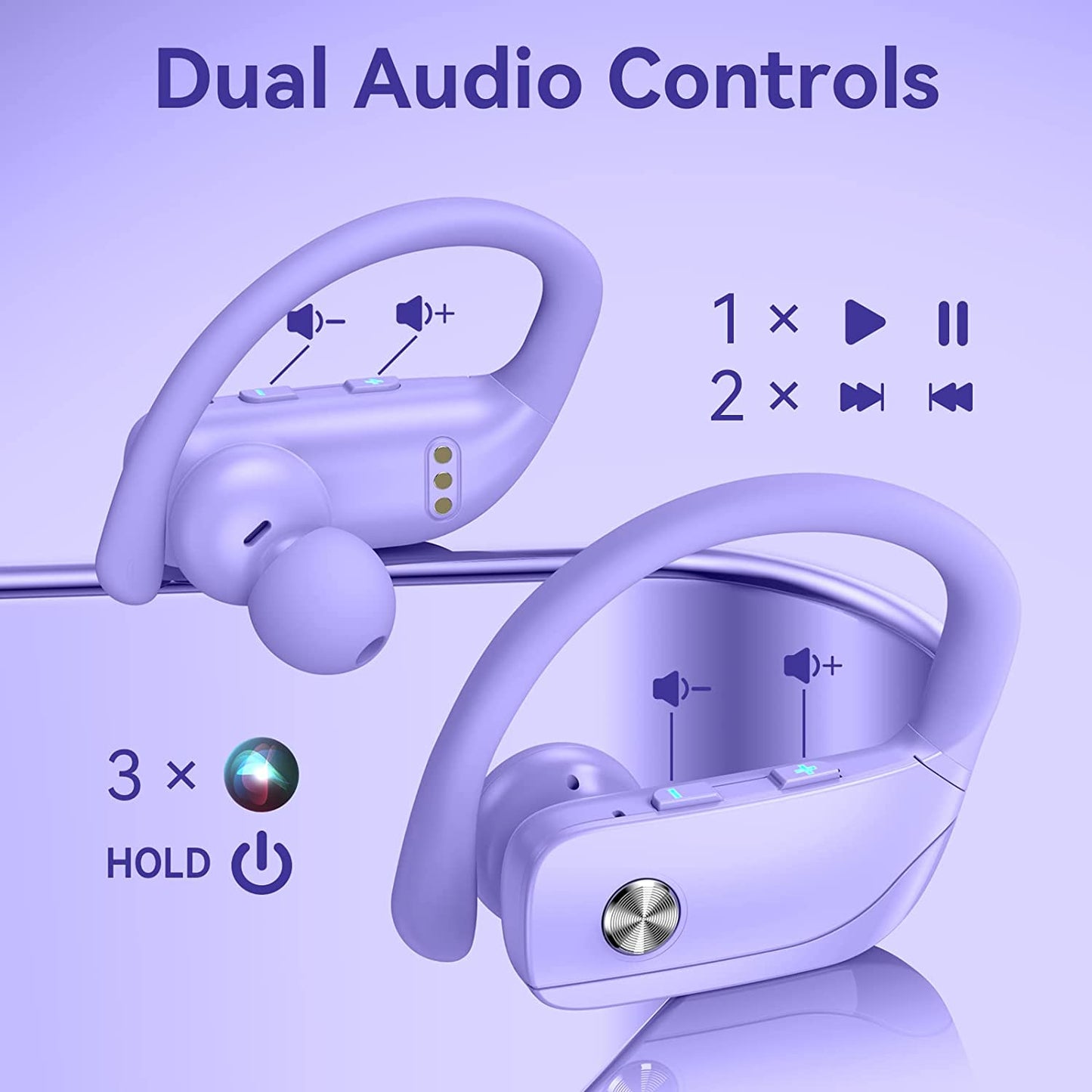 Wireless Earbuds Bluetooth Headphones 48Hrs Play Back Sport Earphones with LED Display Over-Ear Buds with Earhooks Built-In Mic Headset for Workout Purple