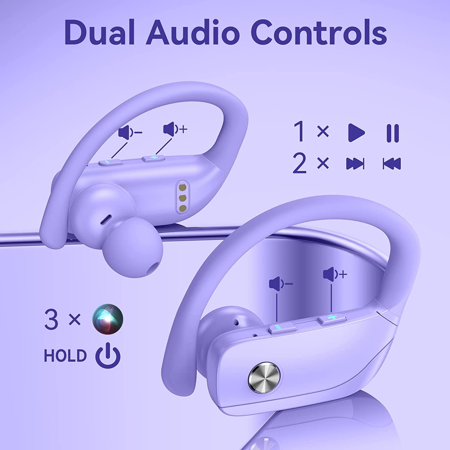 Wireless Earbuds Bluetooth Headphones 48Hrs Play Back Sport Earphones with LED Display Over-Ear Buds with Earhooks Built-In Mic Headset for Workout Purple