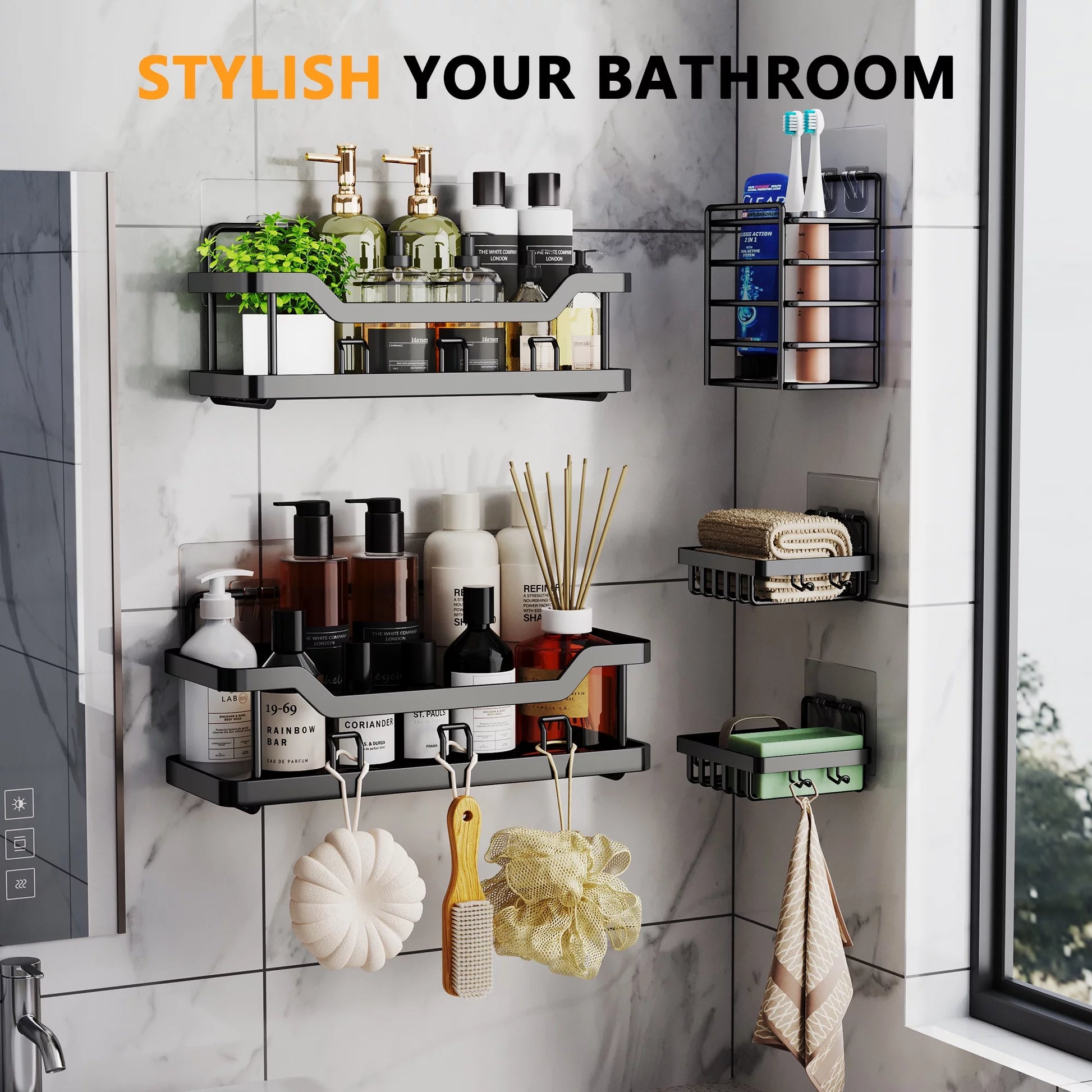 Shower Caddy Bathroom Organizer, 5 PCS Self-Adhesive Bathroom Shower Caddy Basket with Soap & Toothbrush Holder, No Drilling Wall Mounted Rustproof Stainless Steel Shower Shelf Black