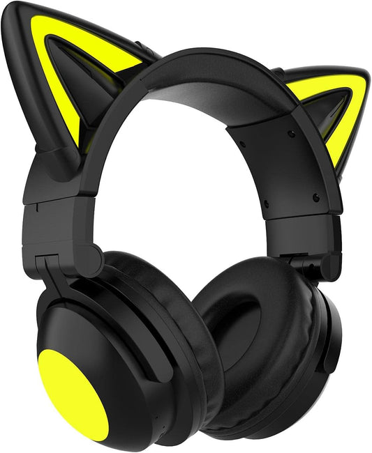 Cat Ear Wireless Headphones with Microphone, with LED Light up over Ear Headphones Adjustable Volume and Foldable Headset for Tablet PC Cell Phones(Black)