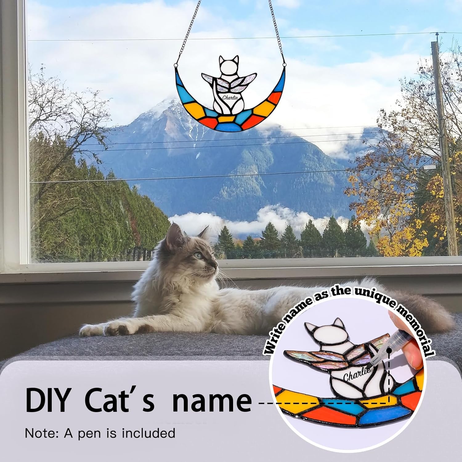 Beautiful Angel White Cat Memorial Stained Glass Decoration - A Heartfelt Tribute for Cat Lovers