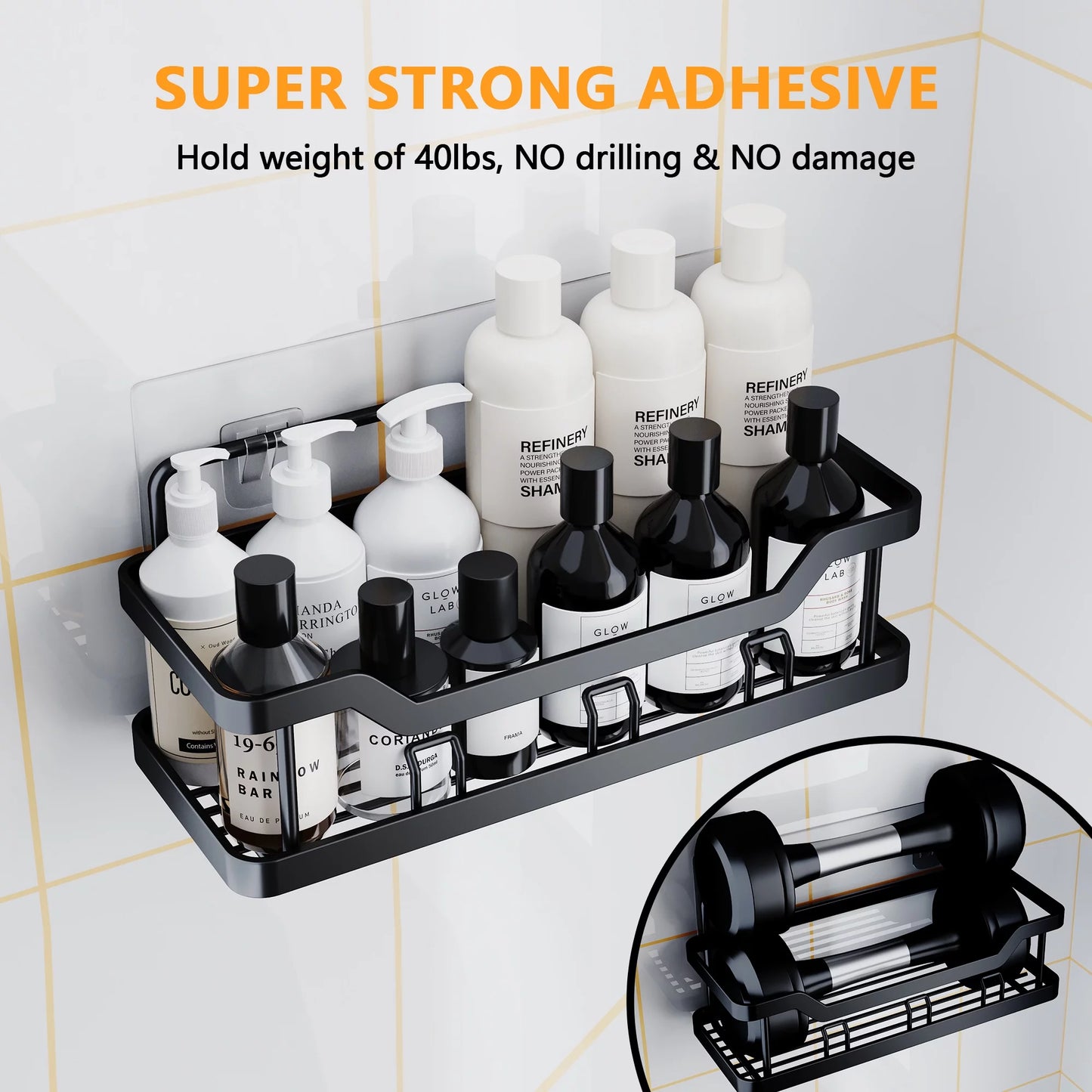 Shower Caddy Bathroom Organizer, 5 PCS Self-Adhesive Bathroom Shower Caddy Basket with Soap & Toothbrush Holder, No Drilling Wall Mounted Rustproof Stainless Steel Shower Shelf Black