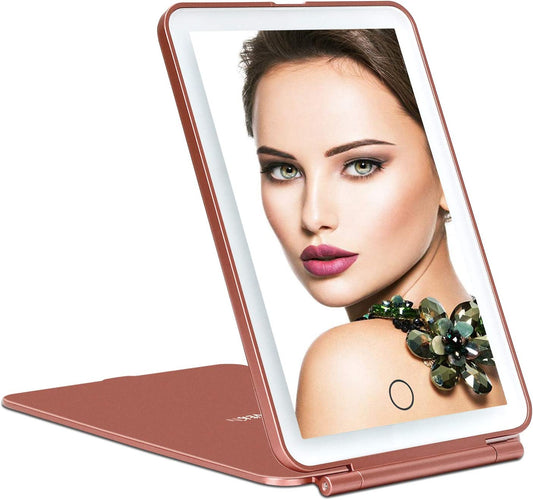 LED Makeup Mirror for Travel, 32 Leds Lighted Vanity Mirrors with Dimmable Light,Compact, Slim, Rechargeable Lighted Mirror, Folding Makeup Mirror for Beauty
