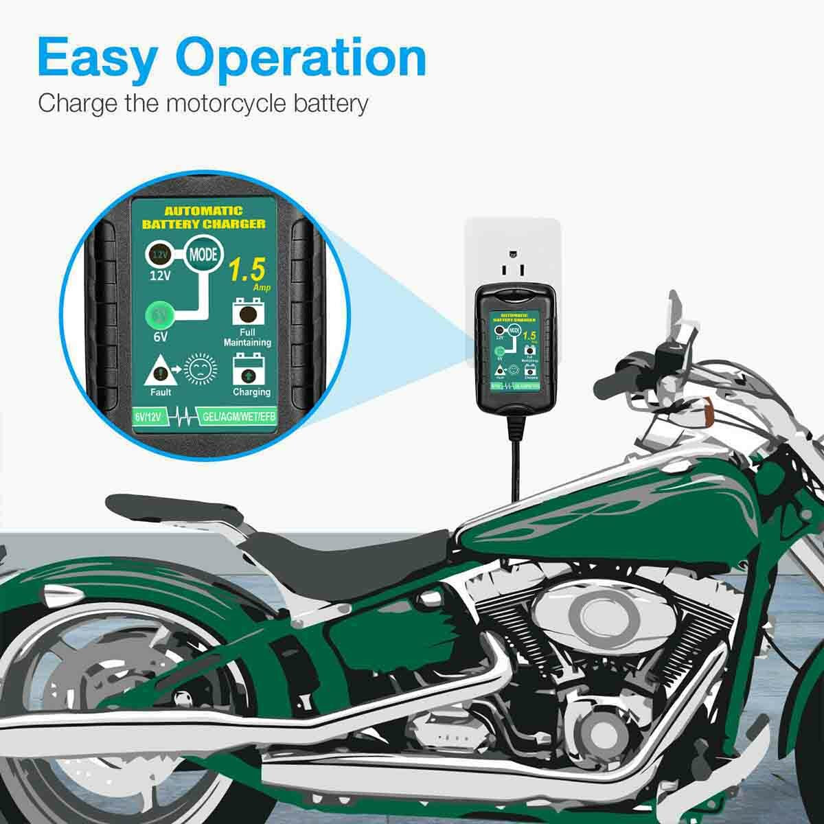 Smart Automatic Battery Charger & Maintainer for 6V/12V Motorcycles - Trickle Float Technology