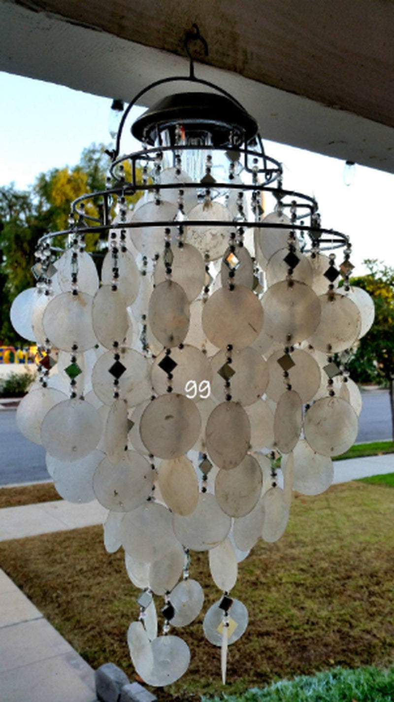 Elegant White Solar Capiz Shell Wind Chimes - Handcrafted 4-Tier Chandelier with Automatic Night Light