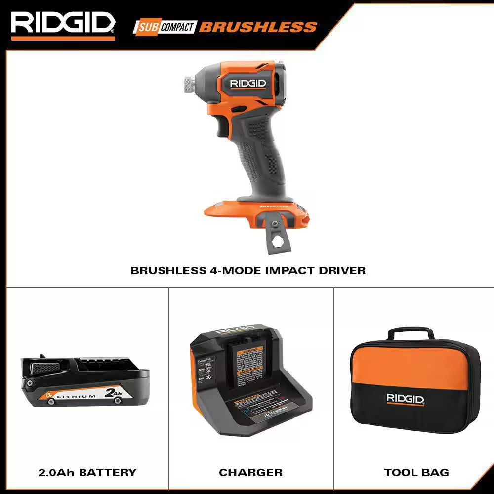 Power Up Your Projects with the 18V Subcompact Brushless Cordless Impact Driver Kit - Complete with 2.0 Ah Battery, Charger, and Tool Bag!