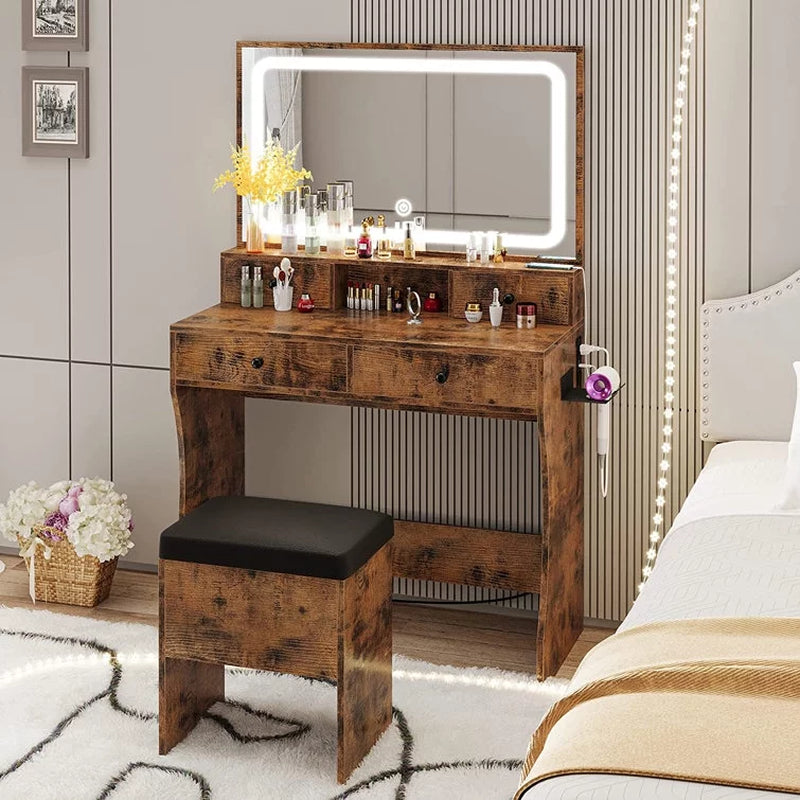 Vanity Desk, Bedroom Makeup Table with 4 Drawers,Storage Stool, Vintage Brown