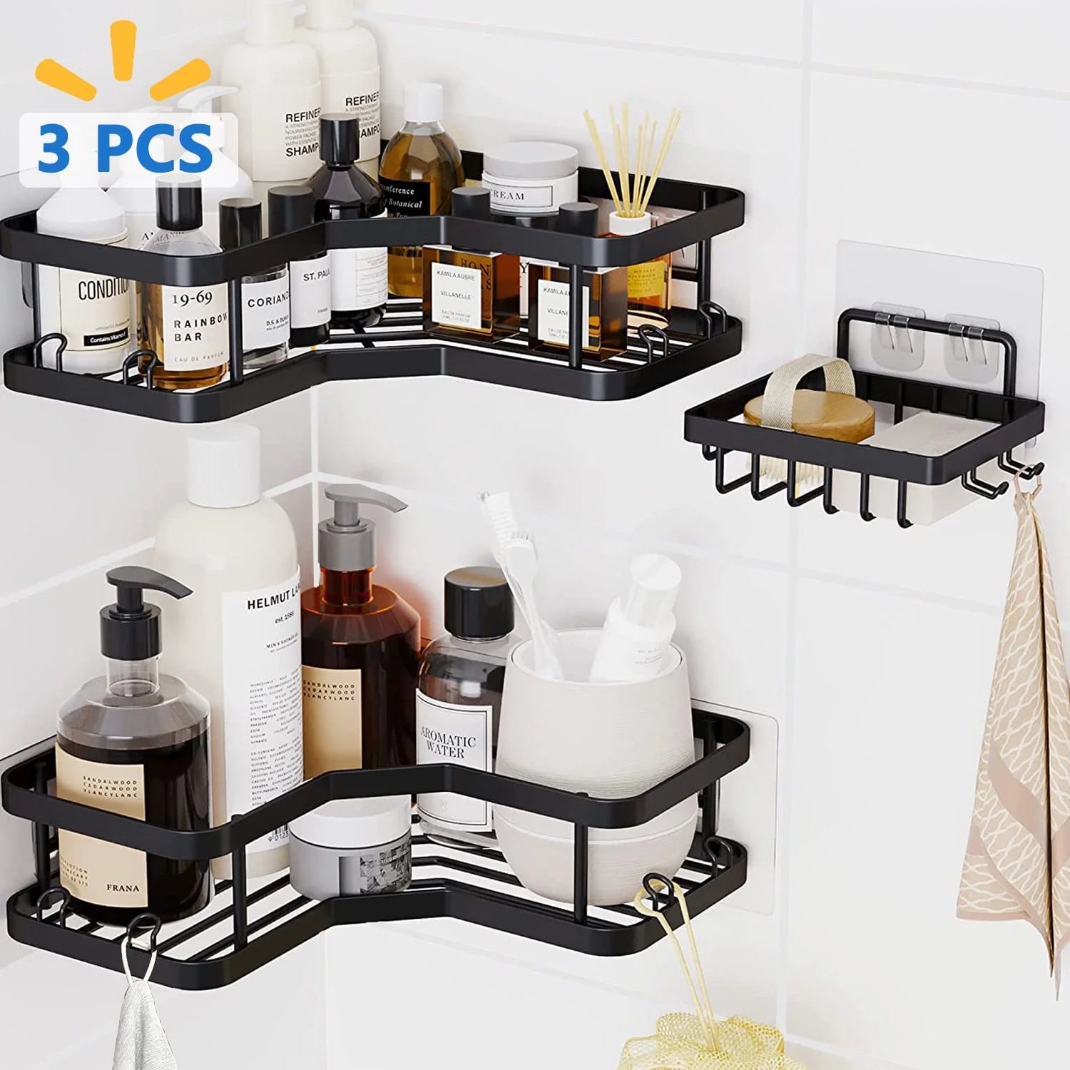 3 PCS Corner Shower Caddy Shower Organizer, 2 Tier Self-Adhesive Bathroom Organizer Shower Caddy Basket with Soap Holder, No Drilling Wall Mounted Rustproof Stainless Steel Shower Rack Black
