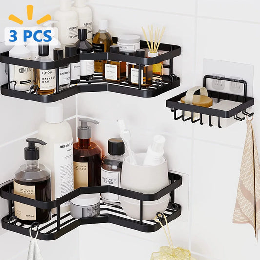 3 PCS Corner Shower Caddy Shower Organizer, 2 Tier Self-Adhesive Bathroom Organizer Shower Caddy Basket with Soap Holder, No Drilling Wall Mounted Rustproof Stainless Steel Shower Rack Black