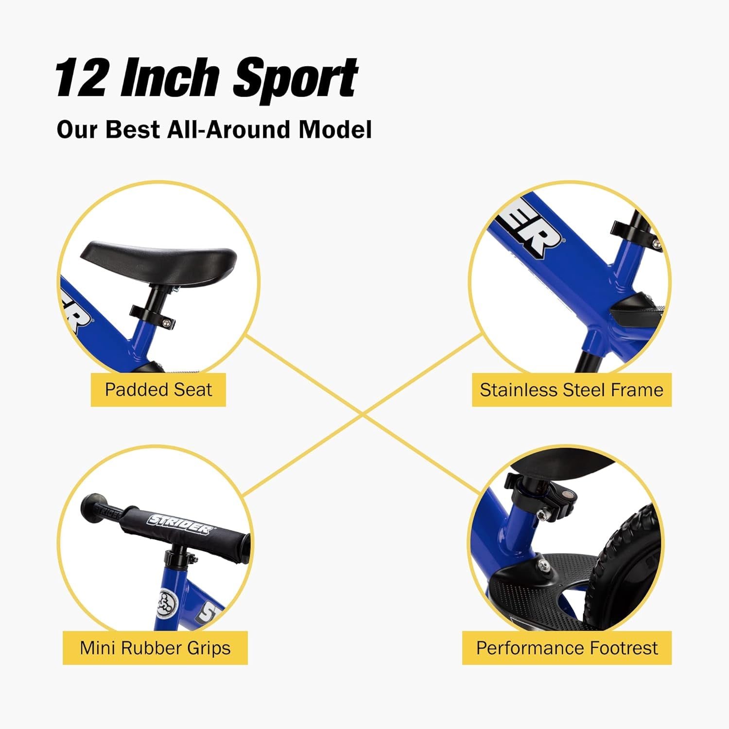 12” Sport Bike - No Pedal Balance Bicycle for Kids 1 to 4 Years - Includes Safety Pad, Padded Seat, Mini Grips & Flat-Free Tires - Tool-Free Assembly & Adjustments
