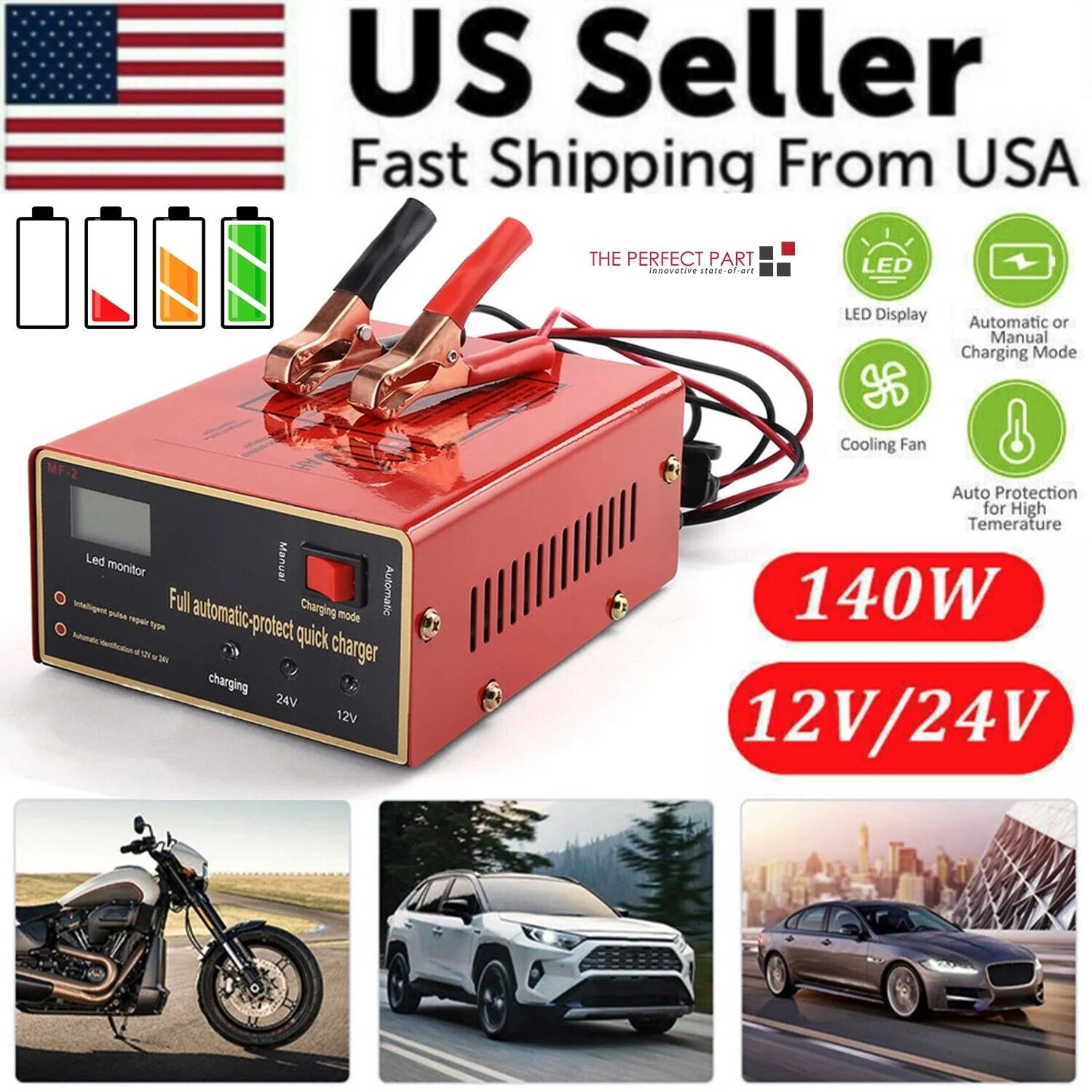 Power Up Your Electric Car with Our Maintenance-Free 12V/24V Battery Charger - 10A, 140W Output for Ultimate Convenience