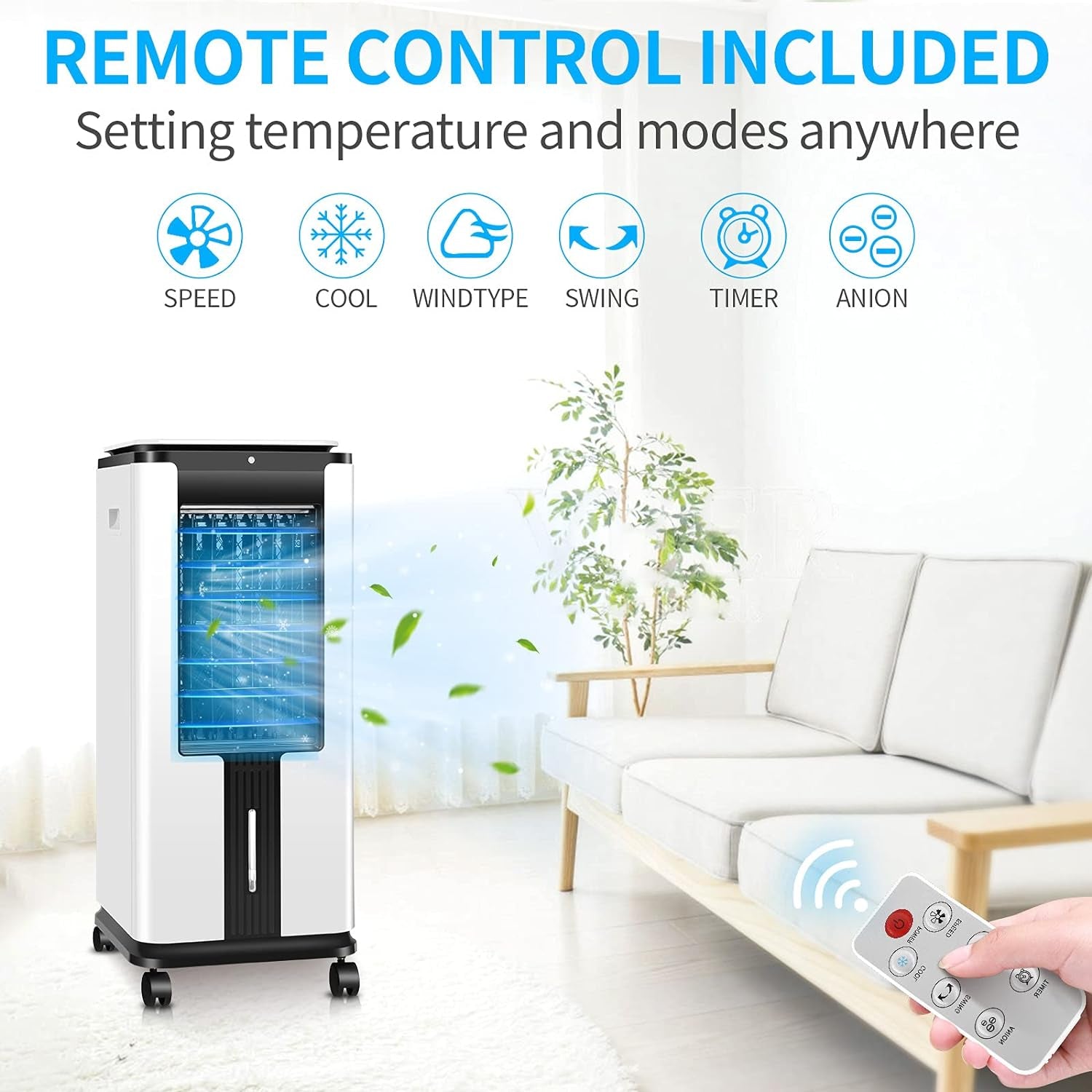 Portable Air Conditioner, Electric Air Cooler with 3 Wind Speeds, Remote Control, Built-In 12 H Timer Tower Fan