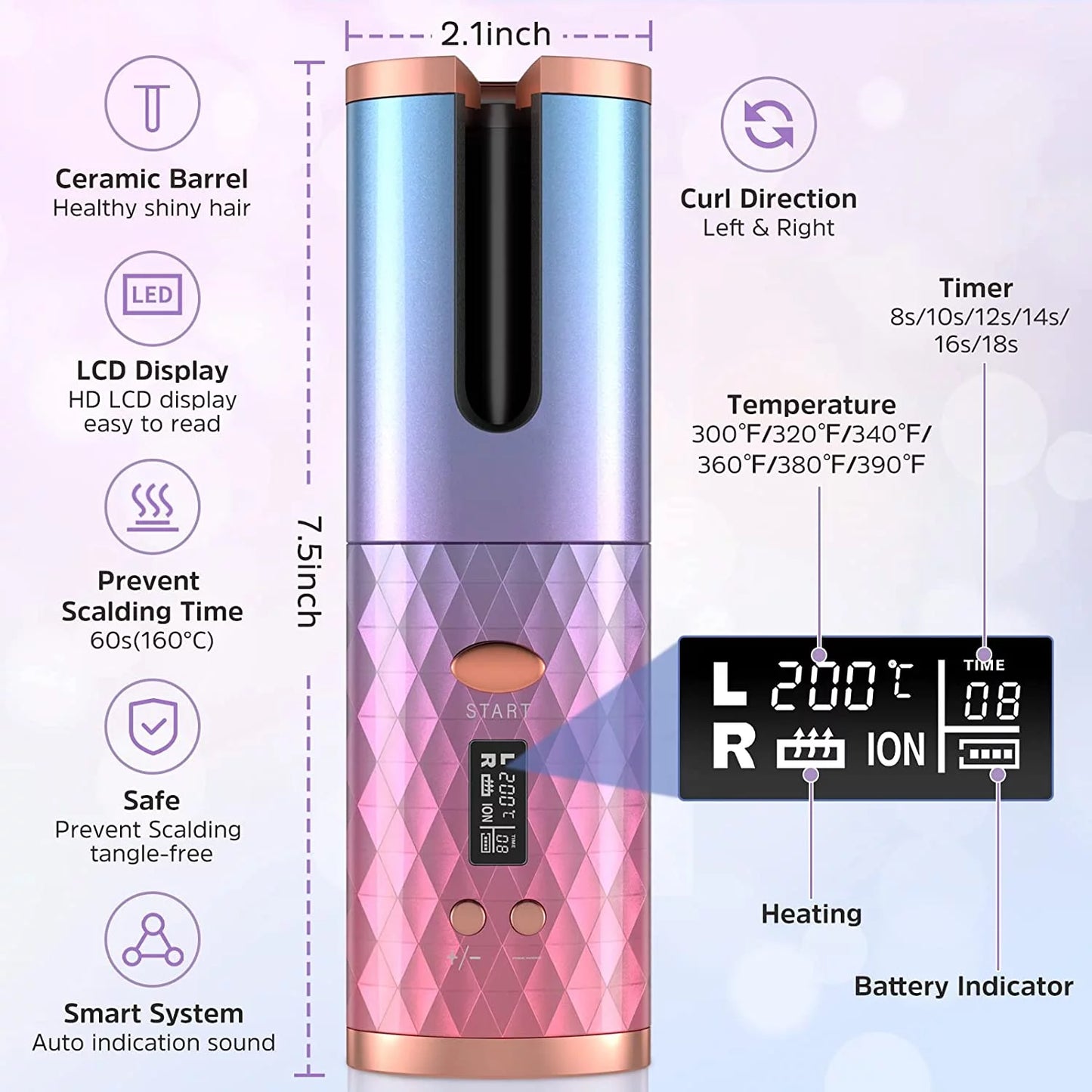 Revolutionary Cordless Automatic Curling Iron - Wireless Rotating Hair Curler with 6 Temperature Settings & Timer Display - Fast Heating & Auto Shutoff (Stylish Pink)