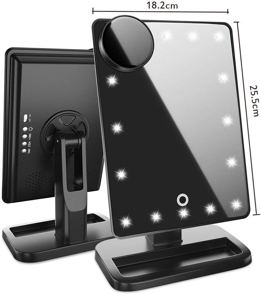 Vanity Makeup Mirror with Lights Bluetooth, Lighted Mirror with 20 Leds, Touch Screen Wireless Audio Speaker, Detachable 10X Magnification, Rechargeable Power