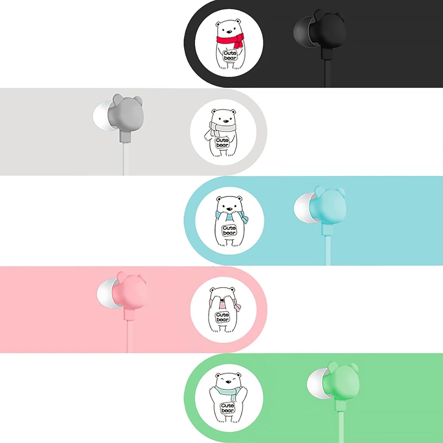 Bear Earbuds for Kids, Kawakii Wired Earbud & In-Ear Headphones Gift for School Girls and Boys with Microphone and Lovely Earphones Storage Case(Green MC)
