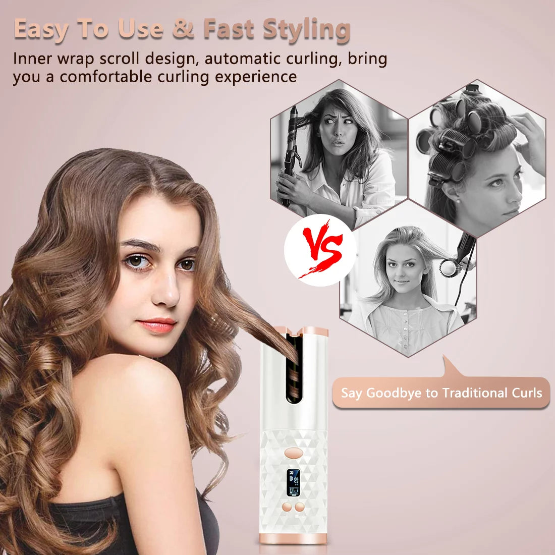 Revolutionary Cordless Automatic Hair Curler - USB Rechargeable, Portable Curling Wand for Effortless Curls Anywhere