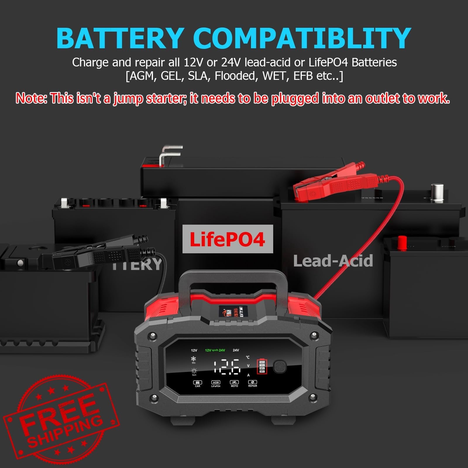 YONHAN 20A 12V/24V Battery Charger Maintainer for Car AGM
