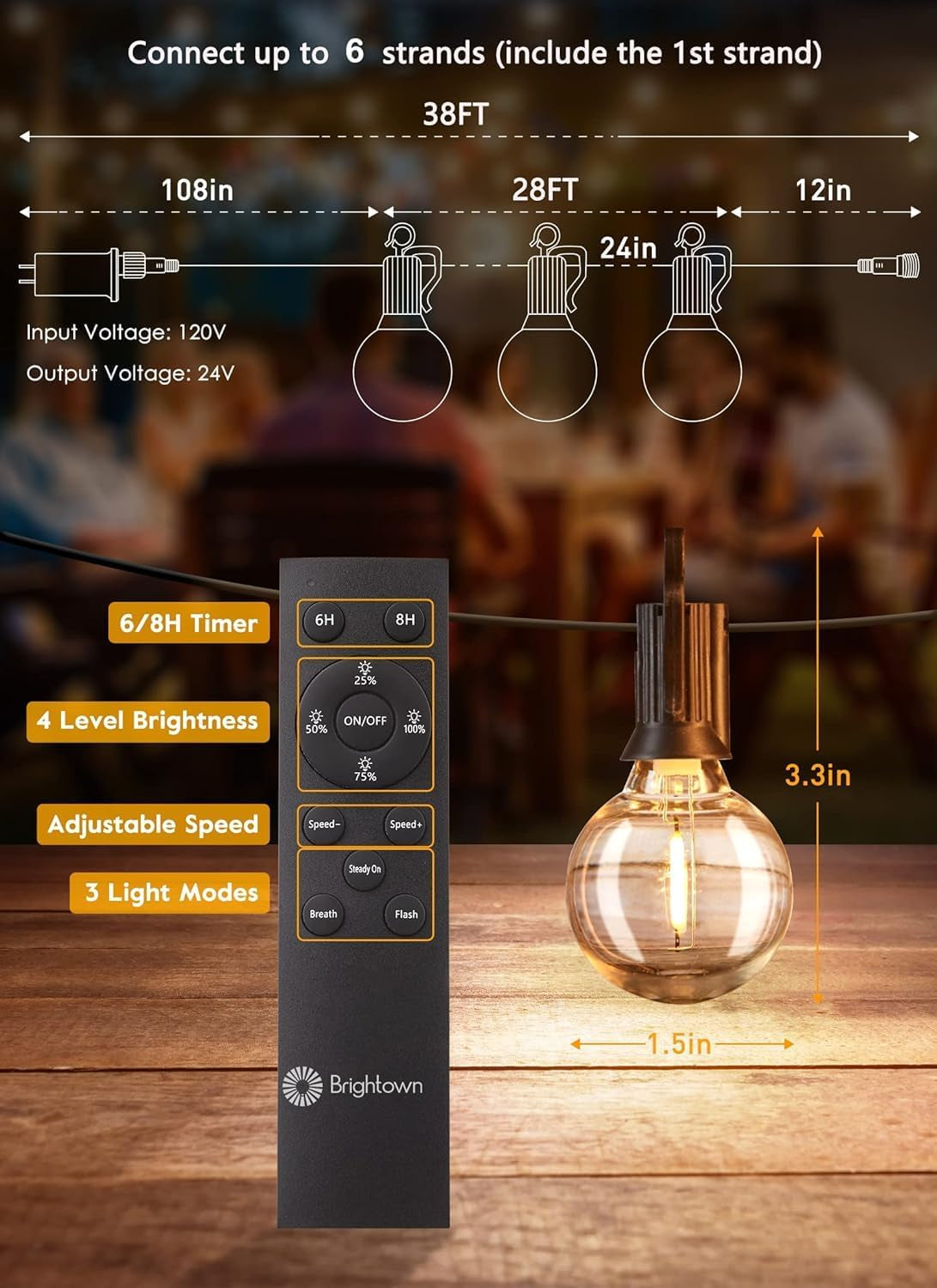 Illuminate Your Outdoor Spaces with 38Ft Waterproof String Lights - Remote-Controlled LED Bulbs for Perfect Ambiance