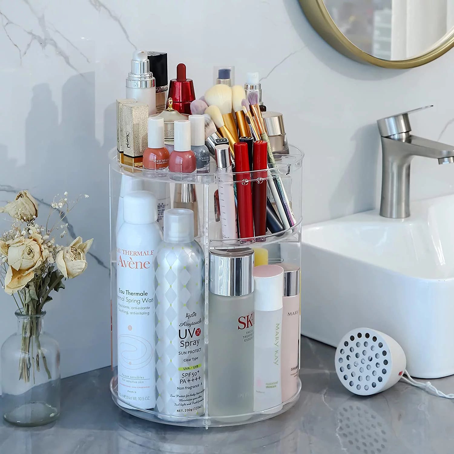 Makeup Organizer, 360 Degree Rotating Adjustable Cosmetic Storage Display Case with 4 Layers Large Capacity, Fits Jewelry, Makeup Brushes, Lipsticks and More, Clear Transparent