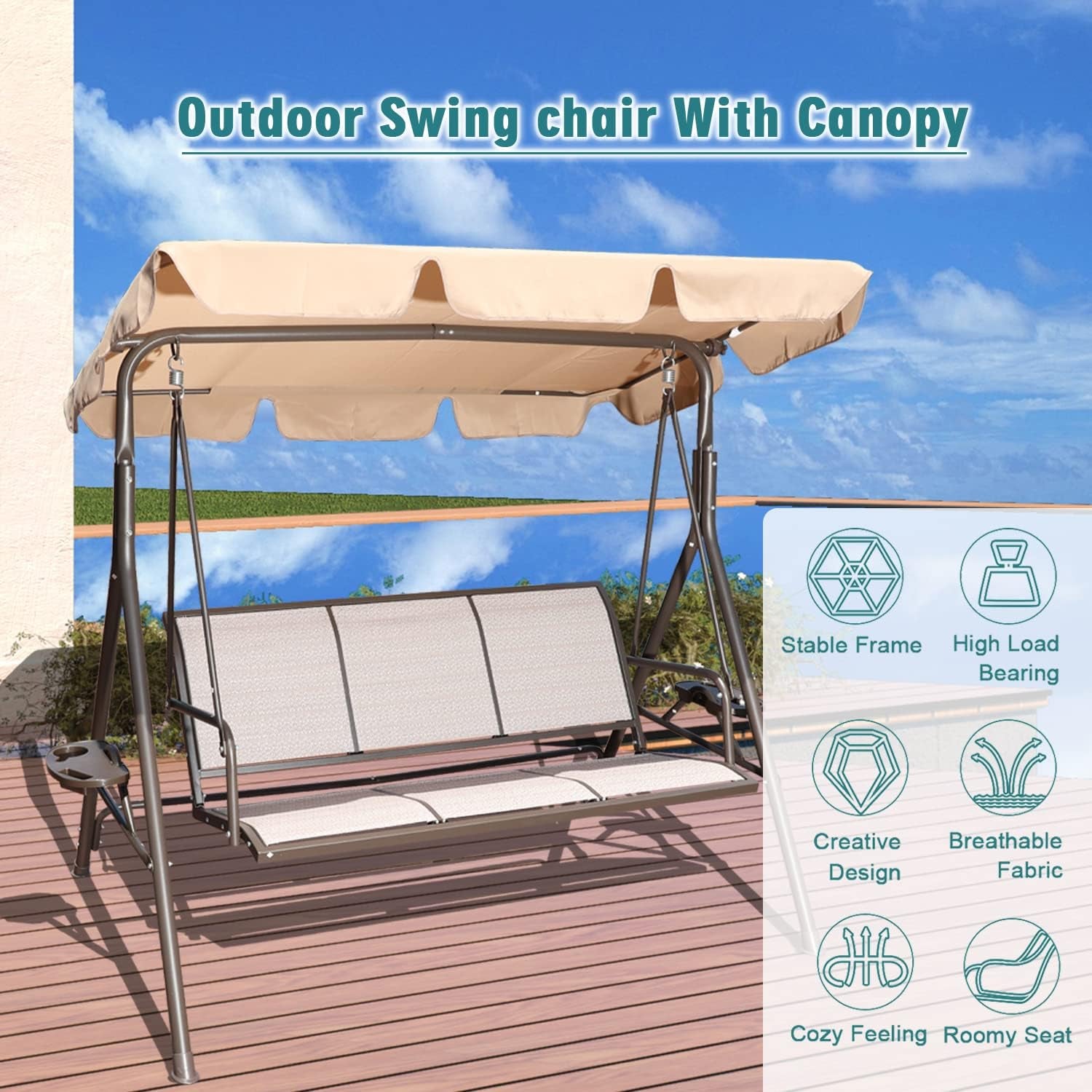 3 Person Outdoor Weather Resistant Patio Glider Swing Hammock Chair W/ Utility Tray & Sunshade Canopy for Patio, Garden, Deck, or Pool, Taupe
