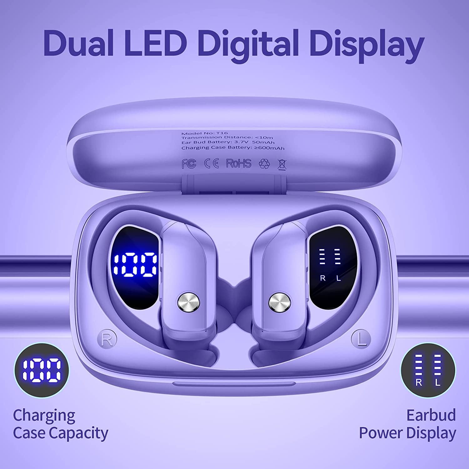 Wireless Earbuds Bluetooth Headphones 48Hrs Play Back Sport Earphones with LED Display Over-Ear Buds with Earhooks Built-In Mic Headset for Workout Purple