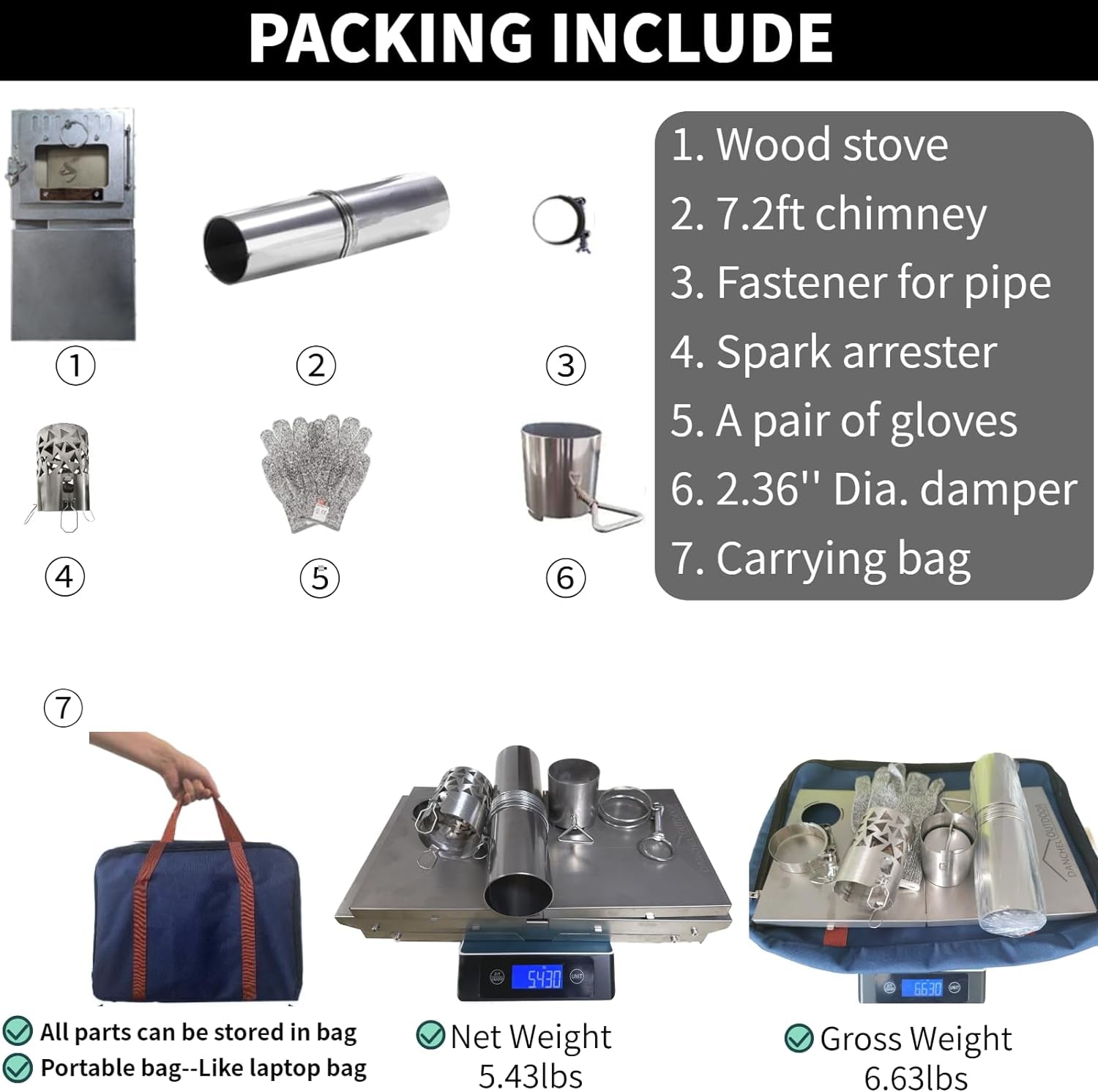 TSG Folding 100% Titanium Hot Tent Stove TA1 with Side Glass, 7.2Ft Chimney, 6.63Lb