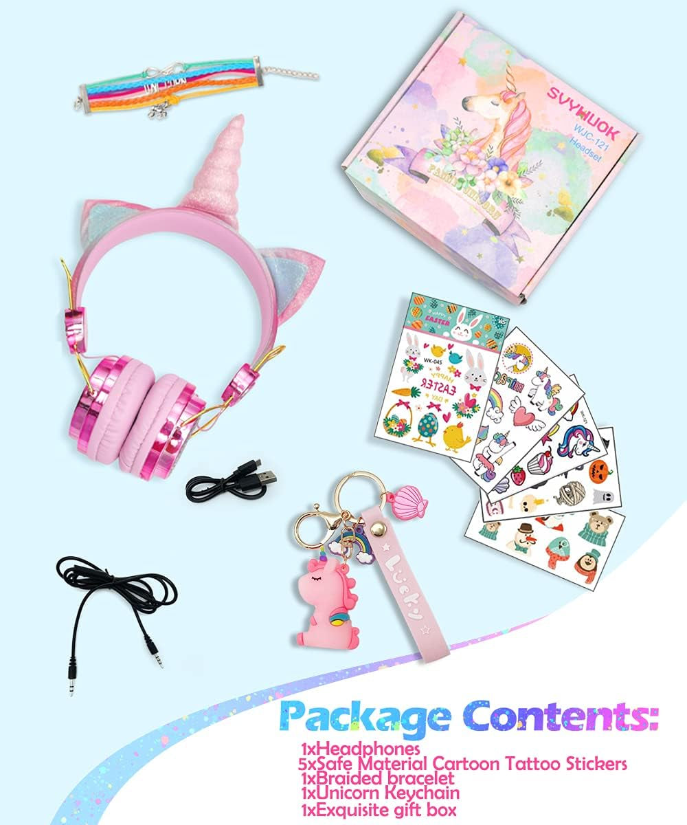 Unicorn Kids Bluetooth Headphones for Girls,Boys Teens,Wireless Cat Headset for Smartphones/Tablet/Laptop/Pc/Tv,With Mic and Adjustable Headband,Surprise Box Is the for Birthday and Xmas.