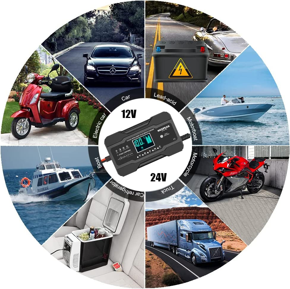 Smart 12V/24V Battery Charger for Cars, Boats, and More - Quick, Safe, and Efficient Charging
