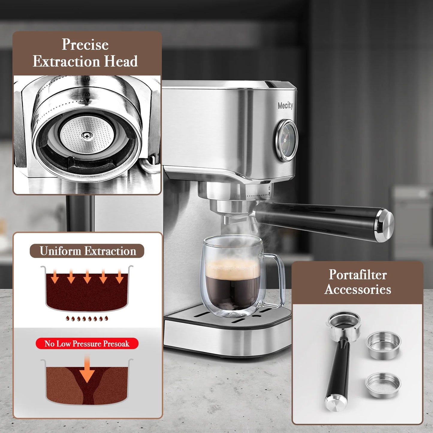 20 Bar Espresso Machine with Milk Frother, Brushed Stainless Steel Shell, 37 Fl.Oz Water Reservoir, Coffee Maker for Espresso, Latte, Mocha, Americano. 120V, 1350W