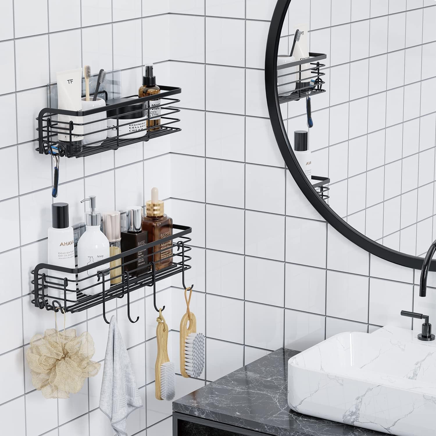 Shower Caddy, Adhesive Shower Shelves with 6 Hooks, Bathroom Shower Organizer Racks No Drilling, Rustproof Stainless Steel Shower Storage Shelf for inside Shower, 2 Pack, Matte Black
