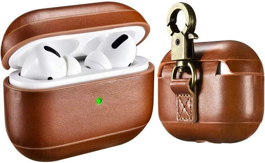 Airpods Pro Leather Case with Strap,  Genuine Leather Portable Protective Shockproof Cover for Apple Airpods Pro Case Keychain Support Wireless Charging ( OLD MODEL )